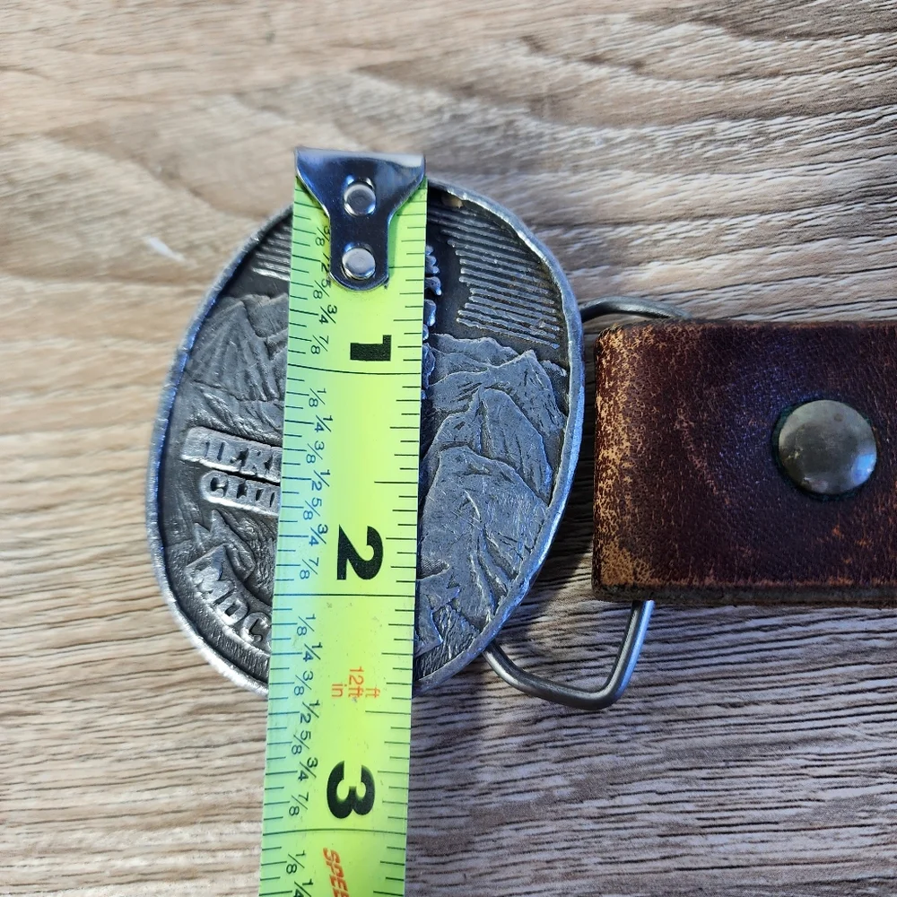 VINTAGE SIERRA CLUB Forest Wildlife Belt Buckle Brown Leather Belt